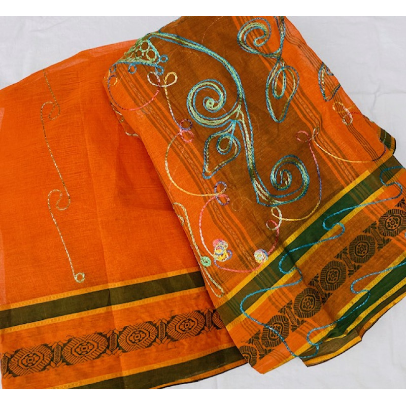 Orange Colour Cotton Saree with All Over Thread Work Orange Colour Cotton Saree with All Over Thread Work